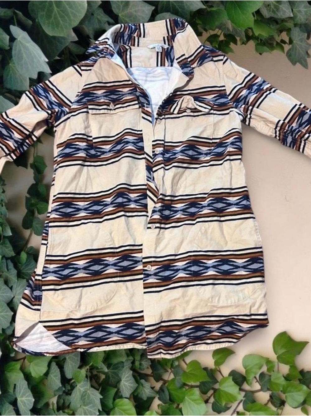 Vintage Beige Striped Coat with Blue and Brown Accents